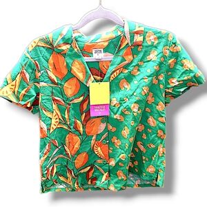 Tabitha Brown Leopard Orange Print Linen Blend Collared Shirt